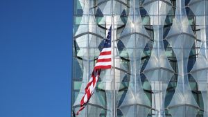 An American flag waving in front of the US Embassy, Nine Elms Lane, Vauxhall