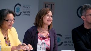 Council board member Jennifer Scanlon speaking at the 2019 Pritzker Forum on Global Cities