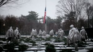 Korean War Memorial in Washington, covered in snow