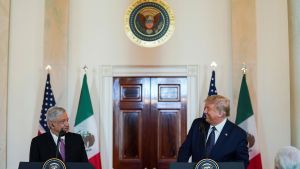U.S. President Trump and Mexico’s President Lopez Obrador make joint statements before dinner at the White House in Washington