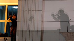 A shadow of a person talking is cast on a wall, next to it stands a security guard.