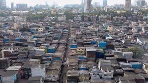An aerial view of a neighborhood in Mumbai with small family homes.