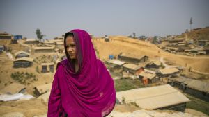 A woman in a stands outside the Women's Centre in Balukhali camp March 6, 2018.