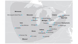 Map of the Midwest with major cities highlighted