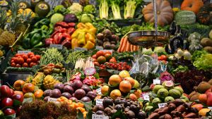 A shop inside Mercado de La Boqueria, in Barcelona with produce stands