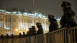 Russian law enforcement officers stand guard in Saint Petersburg