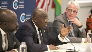 Ghanaian President Nana Akufo-Addo speaking at a roundtable with donors. 