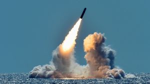 An unarmed Trident II D5 missile is test-launched from the ballistic missile submarine USS Nebraska