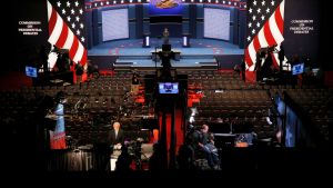 Workers prepare for the first 2020 Presidential Debate at Hofstra University
