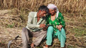 Two farmers look at a mobile phone