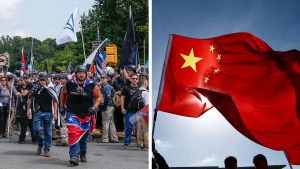 Left: Multiple white nationalist groups march to McIntire Park in Charlottesville, Va., on Aug. 12, 2017. Right: People wave with the Chinese flag before the a meeting of Chinese Premier Li Keqiang and German Chancellor Angela Merkel at the Chancellery in Berlin, Germany, June 1, 2017. 