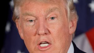 A close-up image of Donald Trump, talking into a microphone