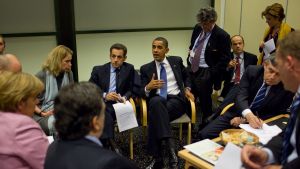 President Barack Obama briefs European leaders