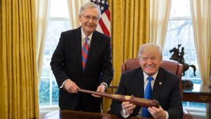 Senator Mitch McConnell presents President Donald Trump with a Louisville Slugger bat