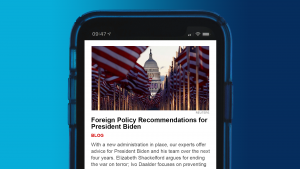 A picture of an email newsletter on a mobile phone over a blue background