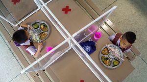 Kindergarteners social distancing in Bangkok