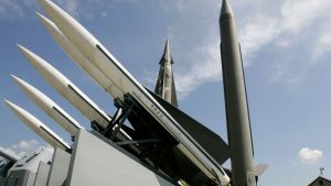 A mock Scud-B missile and other mock South Korean missiles are displayed at the War Memorial of Korea in Seoul