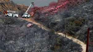 Utility workers begin work repairing power and data lines after a wildfire near Potrero