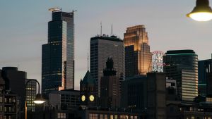 View of the Minneapolis skyline at dusk