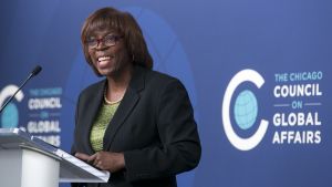 Ertharin Cousin speaking on stage during a Council event