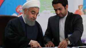 Iran's President Hassan Rouhani registers to run for a second four-year term in the May election, in Tehran, Iran
