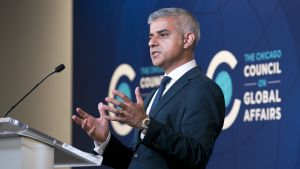 Sadiq Khan standing at a podium