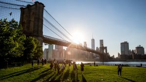 People in Brooklyn Bridge Park, with the sunset in the background