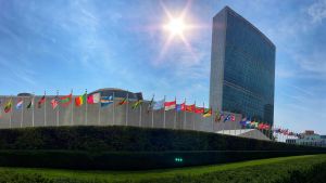 Flags outside of the 76th United Nations General Assembly in NY.