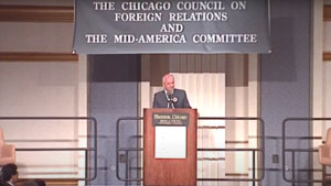 Screenshot of Mikhail Gorbachev speaking behind a podium.