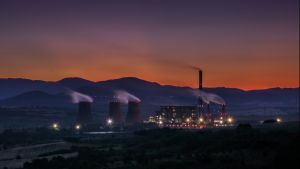 Aerial view of Nuclear energy power station at dusk