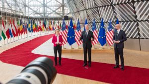 Camera pointed at Biden, Ursula Von der Leyen, and Charles Michel.