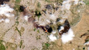 Aerial view of smoke billows from the capital of Tigray.