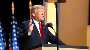 Donald Trump speaking on stage