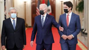 U.S. President Joe Biden, Canada's Prime Minister Justin Trudeau, and Mexico's President Andres Manuel Lopez Obrador meet for the North American Leaders' Summit (NALS) at the White House in Washington, U.S. November 18, 2021.