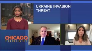 Screen shot of Cecile Shea on Chicago Tonight discussing Ukraine and Russia.