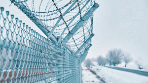 Close up of barbed wire fence on border in winter.
