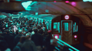 Busy crowd in subway tunnel