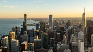 Aerial view of skyscrapers in downtown Chicago
