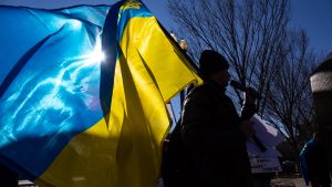 Ukraine flag held by demonstrators in front of the White House on January 29, 2022 to protest against Russian military aggression towards Ukraine