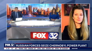 Screen shot of Lizzy Shackelford speaking with Fox 32 Chicago on the Russian war in Ukraine.