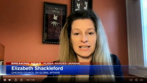 Screen shot of Elizabeth Shackelford speaking on ABC 7 Chicago about Ukraine's history.