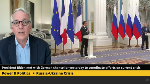 Screen shot of Ivo Daalder speaking on CBC next to images of Macron and Putin at podiums.