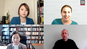 Screen shot of Karl Friedhoff on a video call with Sang Kim, Shannon Tiezzi, and Lee Sook-Jong.