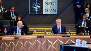 U.S President Joe Biden (L) and NATO Secretary General Jens Stoltenberg attend an unprecedented one-day trio of NATO, G7 and EU summits in Brussels