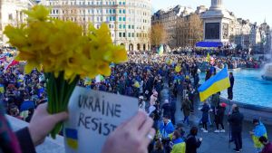 Daffodils at a pro-Ukraine protest in London's Trafalgar Square