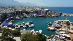 View of a harbor and skyline in Cyprus in 2014.