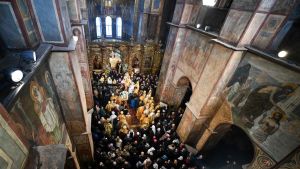 A ceremony takes place inside Saint-Sophia Cathedral in Kyiv.