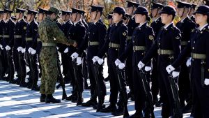 Members of the Japan Ground Self-Defense Force (JGSDF) prepare ahead of an honor guard