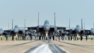  South Korean Air Force's F-15K fighters performing an elephant walk at an unspecified air base on May 24, 2022, to show the country's combat readiness.