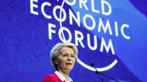 President of the European Commission Ursula von der Leyen addresses the delegates of the World Economic Forum (WEF) in Davos, Switzerland